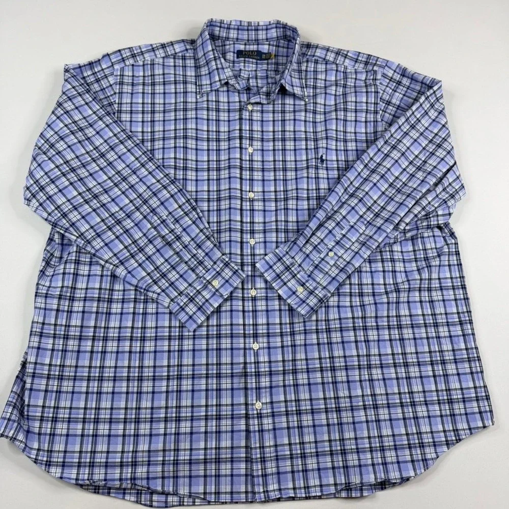 Polo Ralph Lauren Button Down Mens 3XB Blue Plaid Stretch Long Sleeve Pony Logo